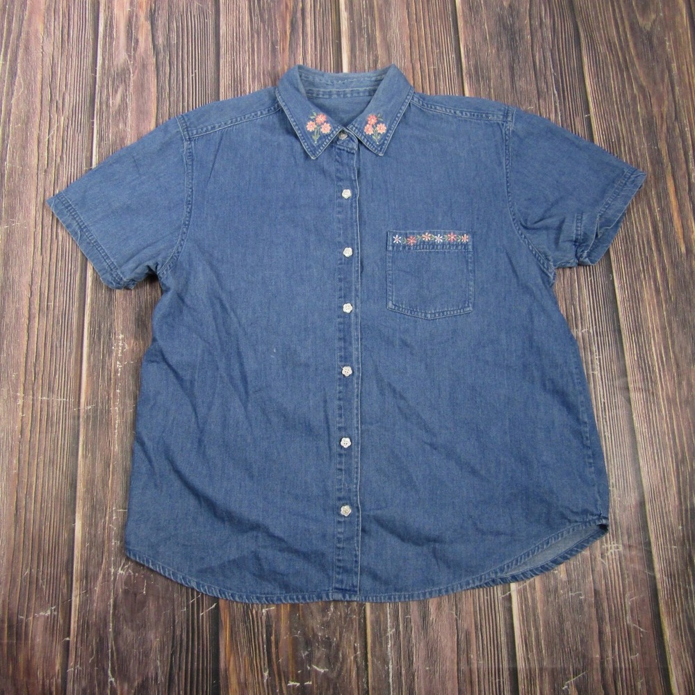 Womens Plus 2X Blue Denim Button Up Tunic Short Sleeve Embroidered Pocket